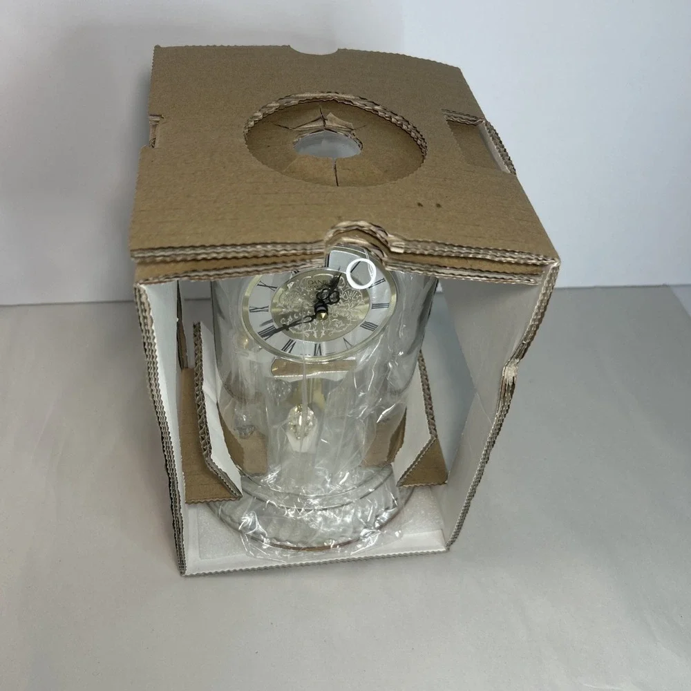 Danbury Clock Co. Pendulum Clock Gold Silver Crystal Base Glass Cover  Open Box